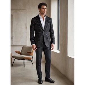 Tallia Orange Mens 40R Black Woodgrain Jacquard Blazer Slim Fit Sport Coat NWT